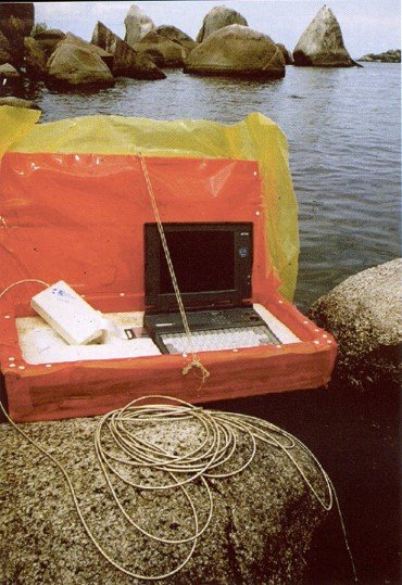 The spectrometer in action in its protective box on the rocky shores of Lake Victoria in 1995